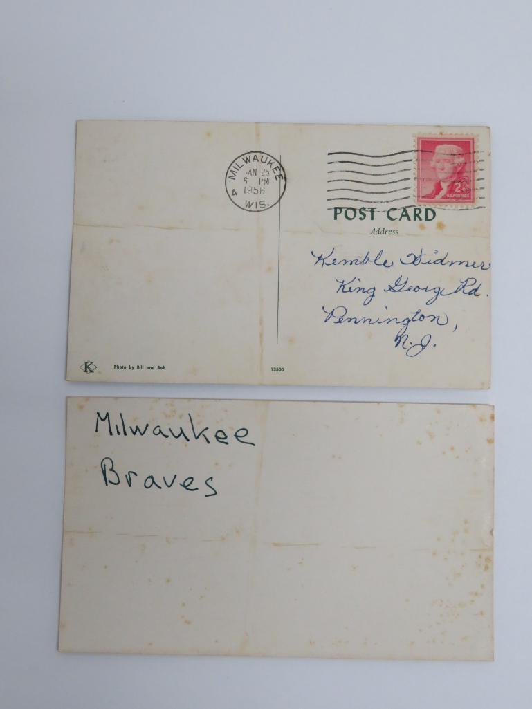 Five Milwaukee Braves photo postcards, c 1955, 3 autographed