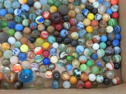 About 400 vintage marbles in old canning jar, machine made