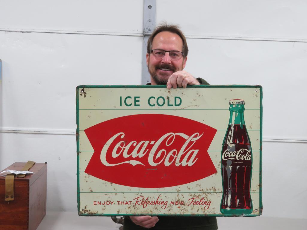 Ice Cold Coca Cola tin sign, "Enjoy that Refreshing New Feeling", 27 1/2" x 19 1/2"