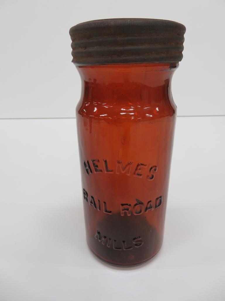 Helmes Rail Road Jar, Mills, with lid, amber, 7 1/2"