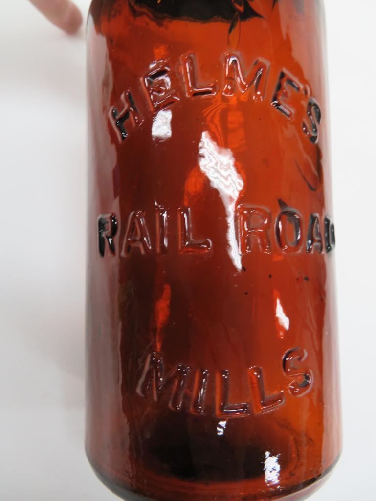 Helmes Rail Road Jar, Mills, with lid, amber, 7 1/2"