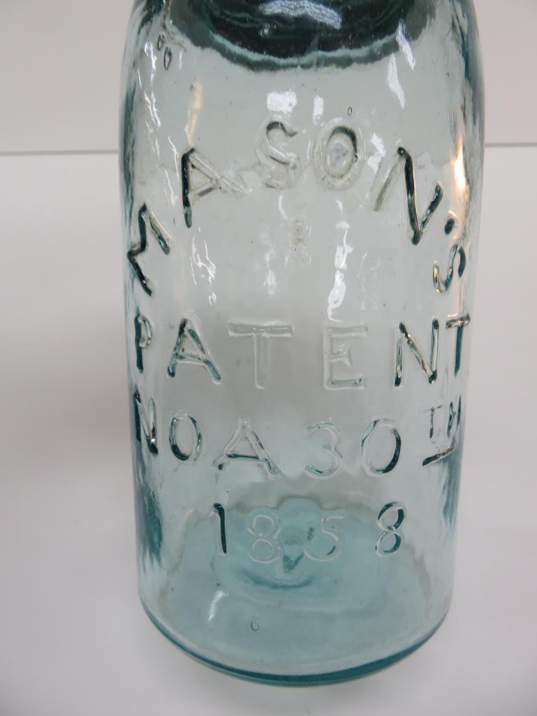 Patent 1858 Mason's quart aqua canning jar, mistake "NOA" 30th 1858