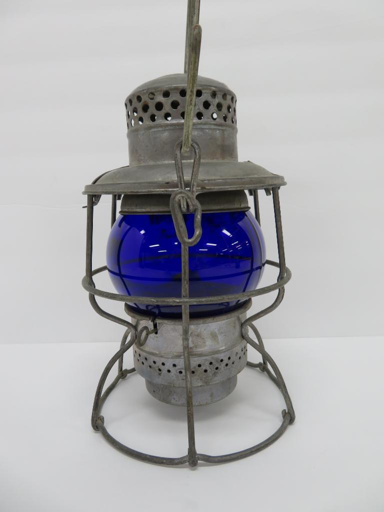 Adlake Kero Railroad Lantern, cobalt globe, BR Railroad, 9"