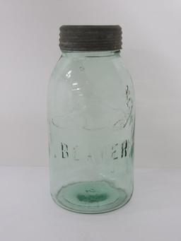 1880 Beaver Glass Quart jar, green, 9"