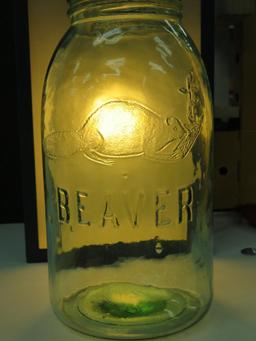 1880 Beaver Glass Quart jar, green, 9"