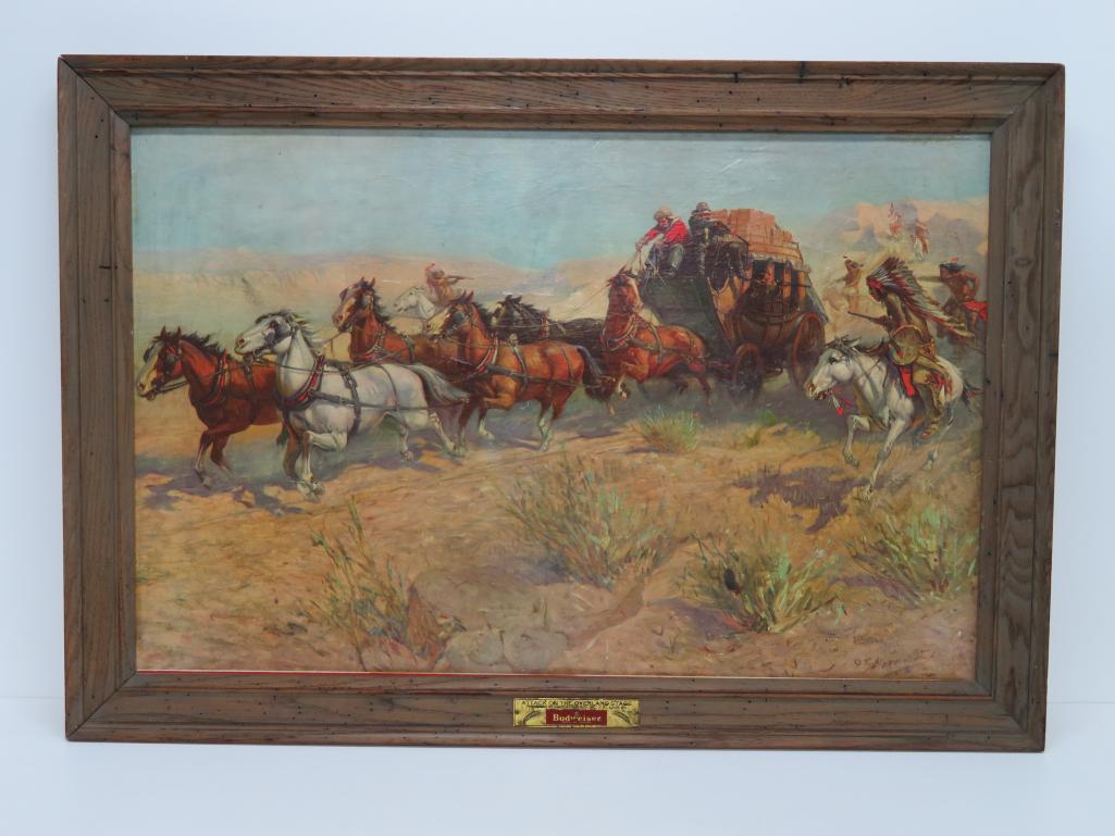 Framed canvas Budweiser Print, Attack on the Overland Stage, OE Berninghaus