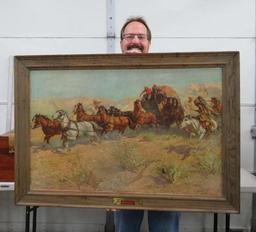 Framed canvas Budweiser Print, Attack on the Overland Stage, OE Berninghaus