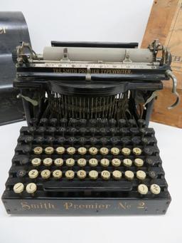 Rare Smith Premier No 2 Typewriter with metal case and wooden shipping box