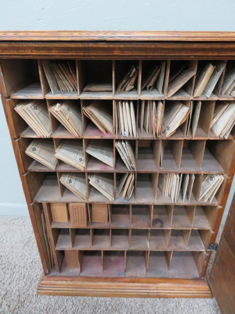 Diamond Die Cabinet, tin front, with original packets inside,oak