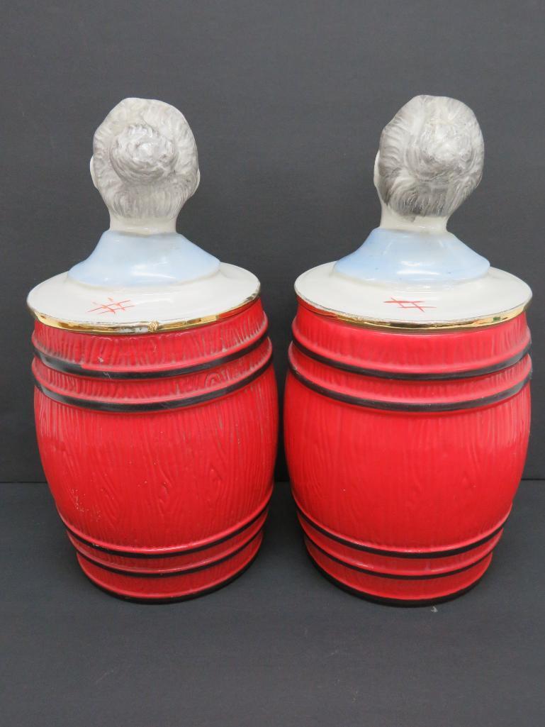 Regal China Old McDonald Pretzel and Popcorn canisters, Grandma lids, 11", #387