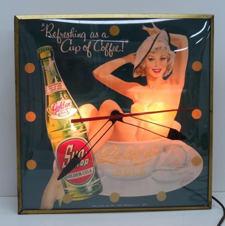 Fantastic 1959 Sun Drop Golden Girl Cola clock, Pam, Refreshing as a cup of Coffee