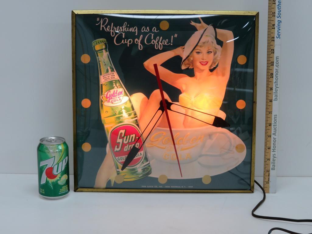 Fantastic 1959 Sun Drop Golden Girl Cola clock, Pam, Refreshing as a cup of Coffee