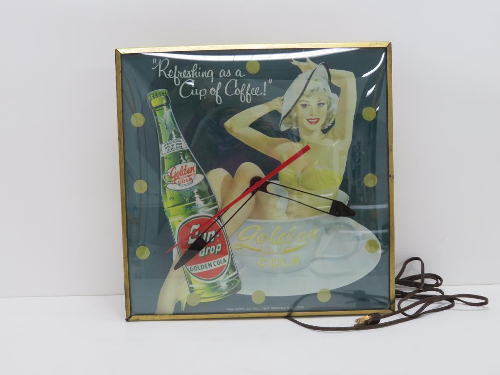 Fantastic 1959 Sun Drop Golden Girl Cola clock, Pam, Refreshing as a cup of Coffee