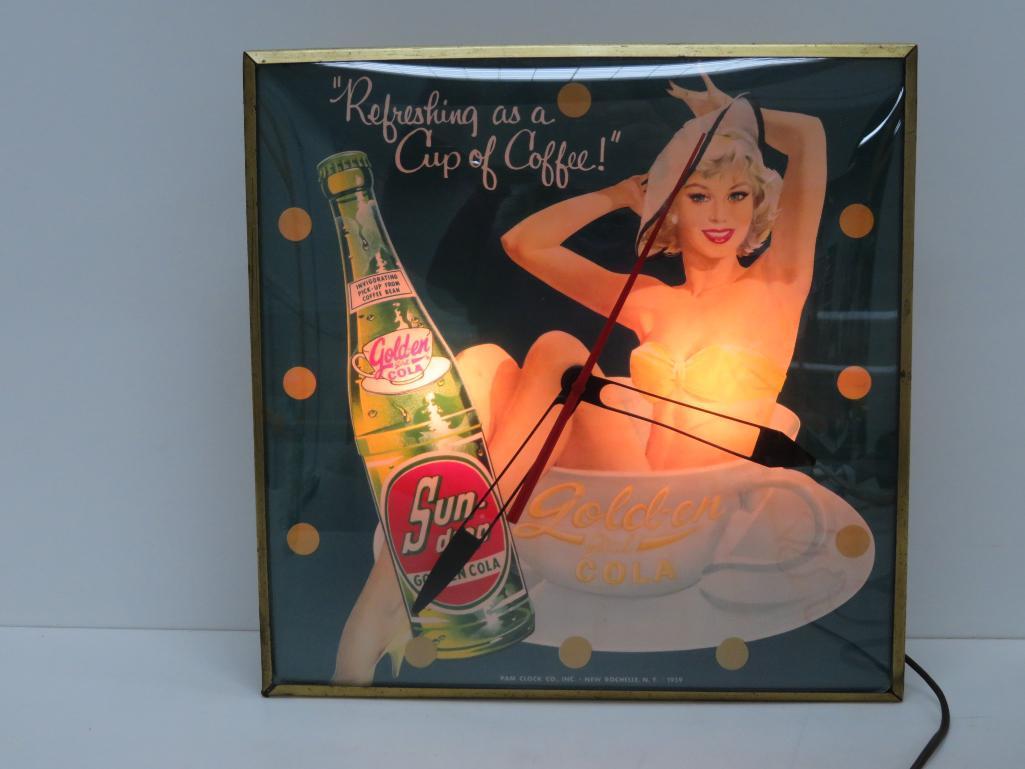 Fantastic 1959 Sun Drop Golden Girl Cola clock, Pam, Refreshing as a cup of Coffee