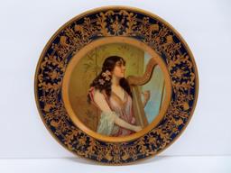 1905 Vienna Art plate, tin, cobalt rim, harpist, 10"