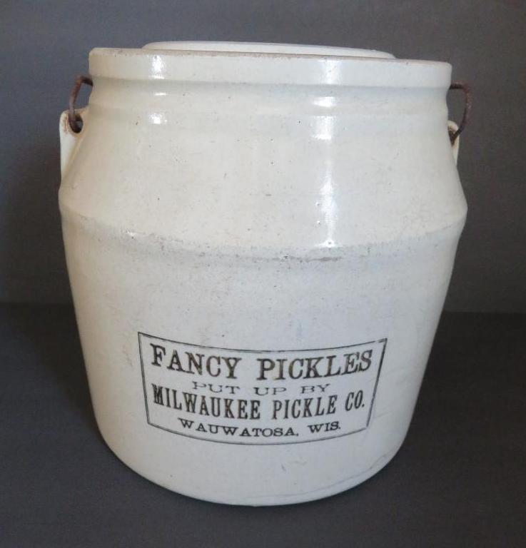 Fancy Pickles, stoneware jar, Milwaukee Pickle Co, 9"