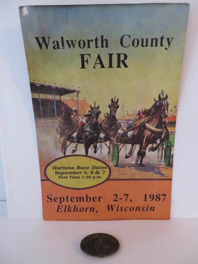 Vintage Walworth county Fair horse racing poster and Rodeo belt buckle