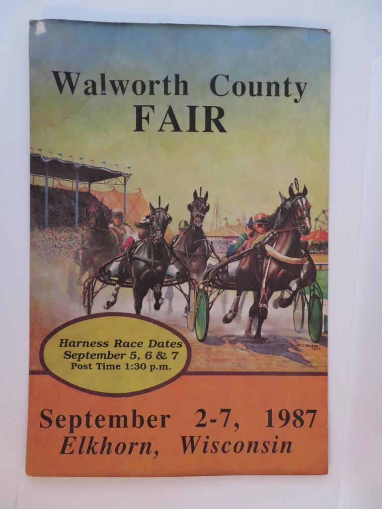 Vintage Walworth county Fair horse racing poster and Rodeo belt buckle