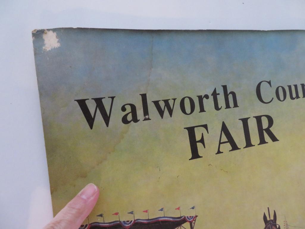 Vintage Walworth county Fair horse racing poster and Rodeo belt buckle