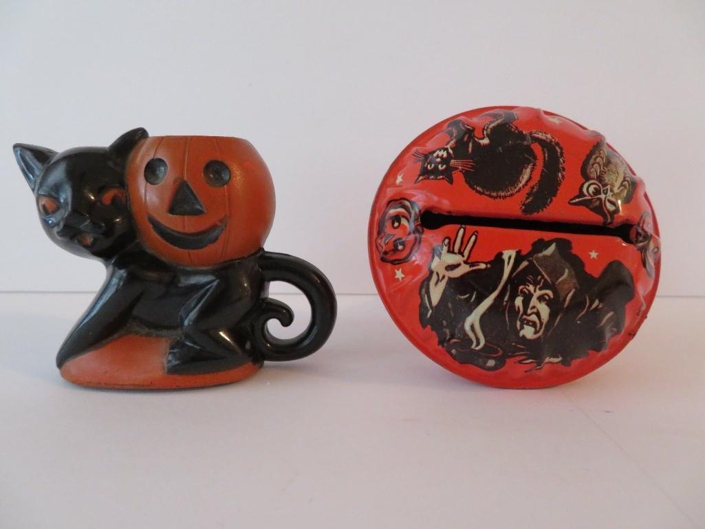 Vintage Halloween items, metal noise makers, plastic candy