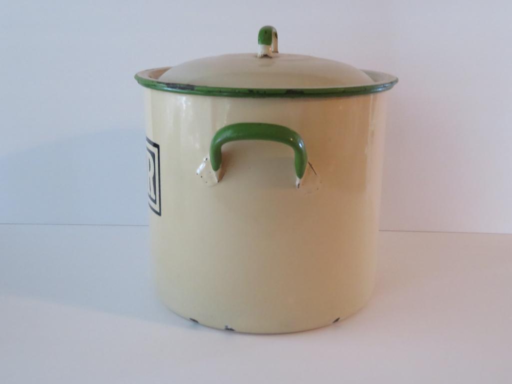 Cream and Green enamelware Flour container, 7 1/2" tall