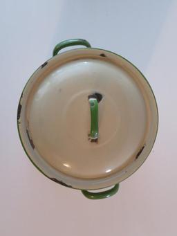 Cream and Green enamelware Flour container, 7 1/2" tall