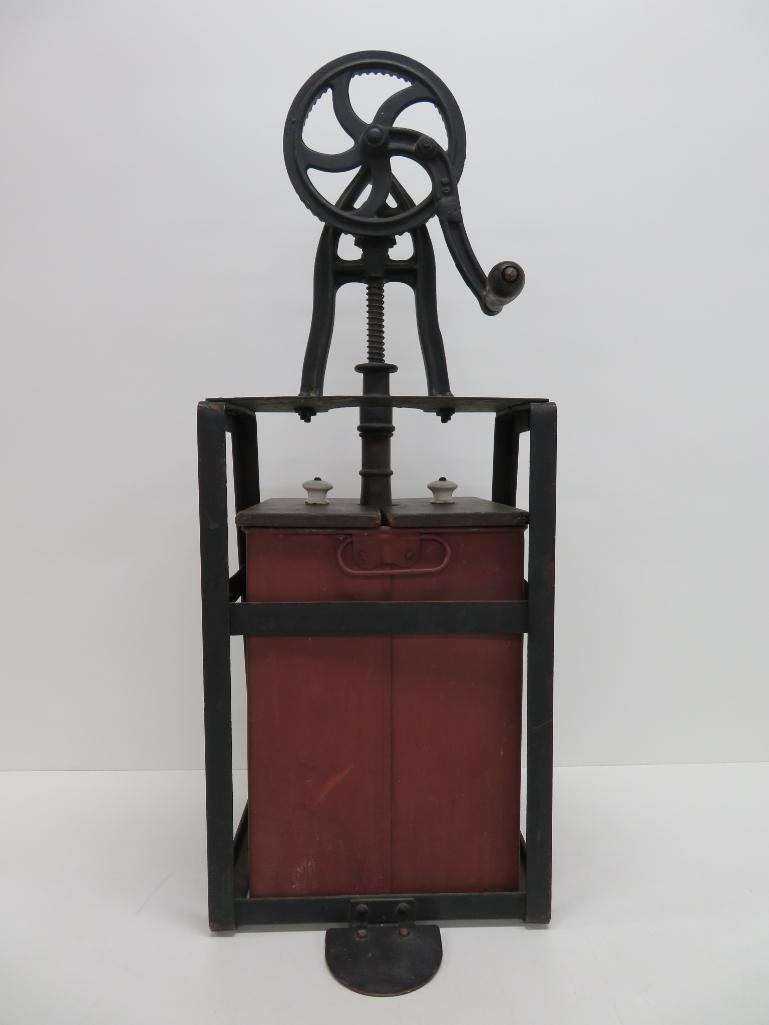 Rotary table top butter churn, painted steel and wood, 28"