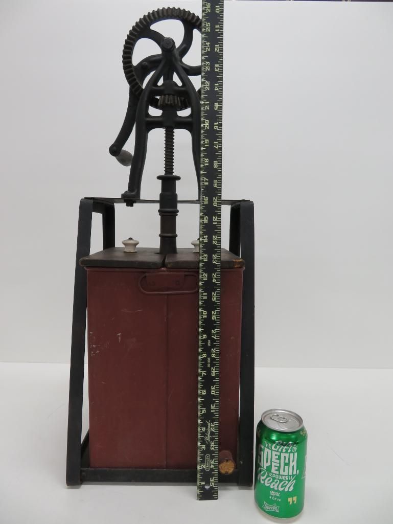 Rotary table top butter churn, painted steel and wood, 28"