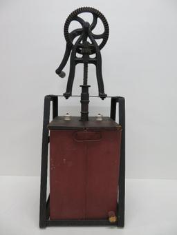 Rotary table top butter churn, painted steel and wood, 28"