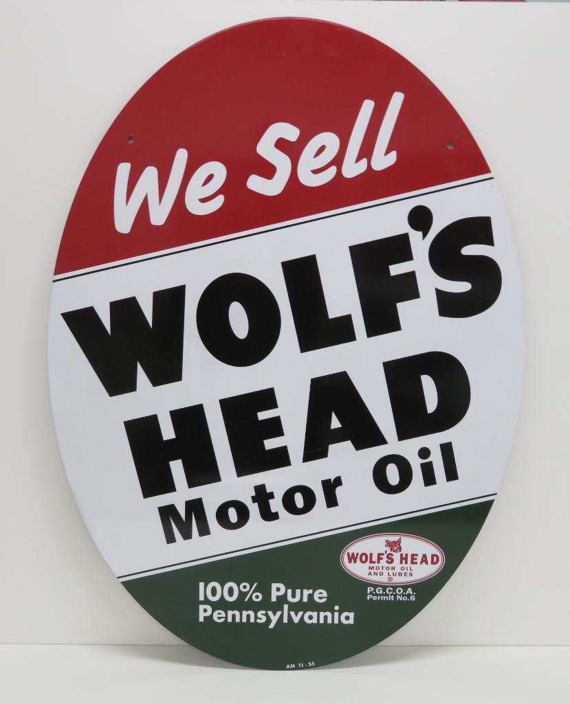 Wolf's Head Motor Oil, lollipop sign, two sided, no stand, 35"