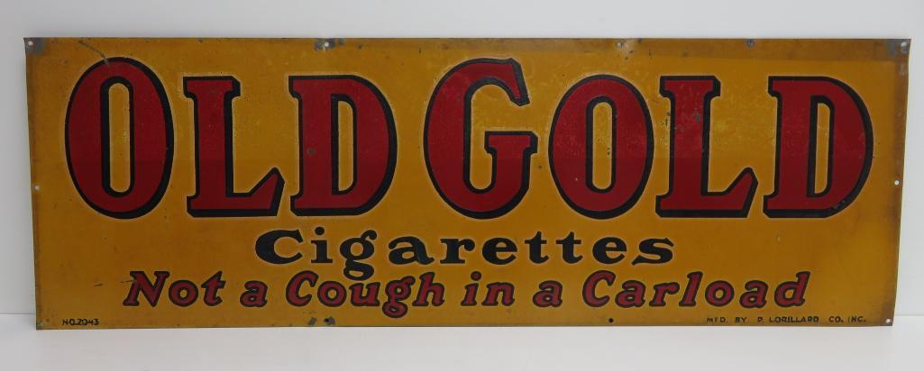 Old Gold Cigarette Advertising sign, metal, Not a Cough in a Carload, Lorillard #2041nice, 12" x 36"
