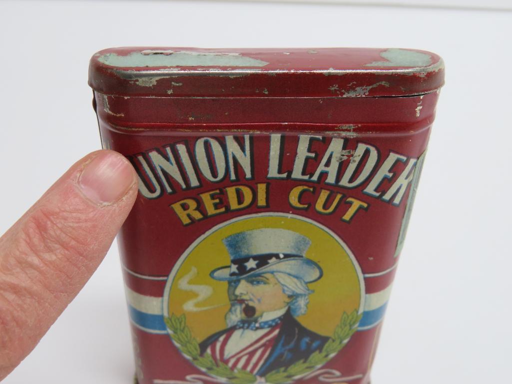 Union Leader Redi Cut pocket tin, 1 3/4", paper revenue tag, 4 1/2" x 3", Uncle Sam