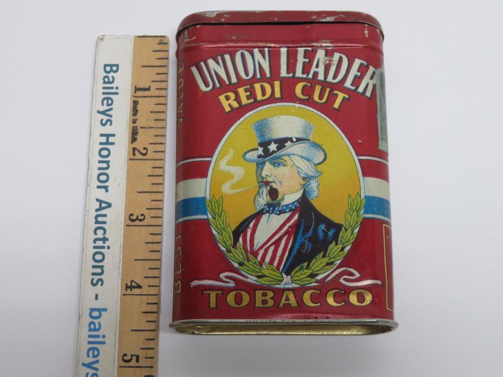 Union Leader Redi Cut pocket tin, 1 3/4", paper revenue tag, 4 1/2" x 3", Uncle Sam