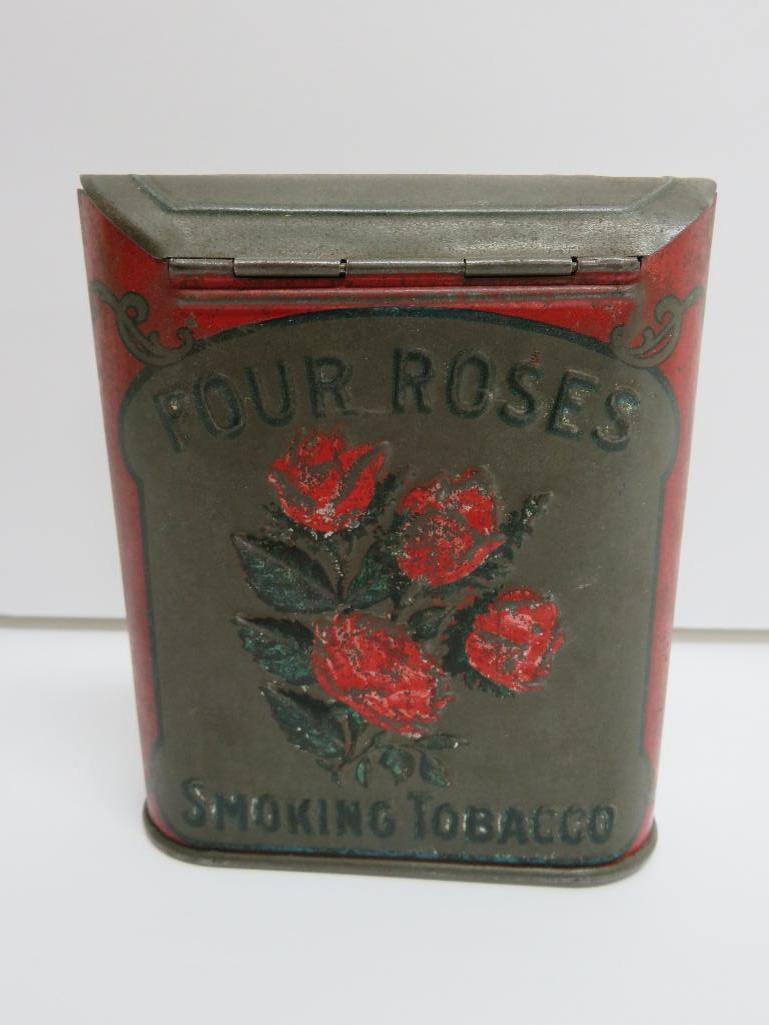 Four Roses metal flip top smoking tobacco tin, 3 1/2" x 4"