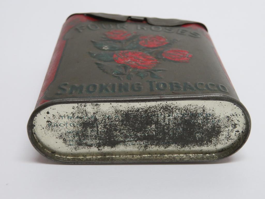 Four Roses metal flip top smoking tobacco tin, 3 1/2" x 4"