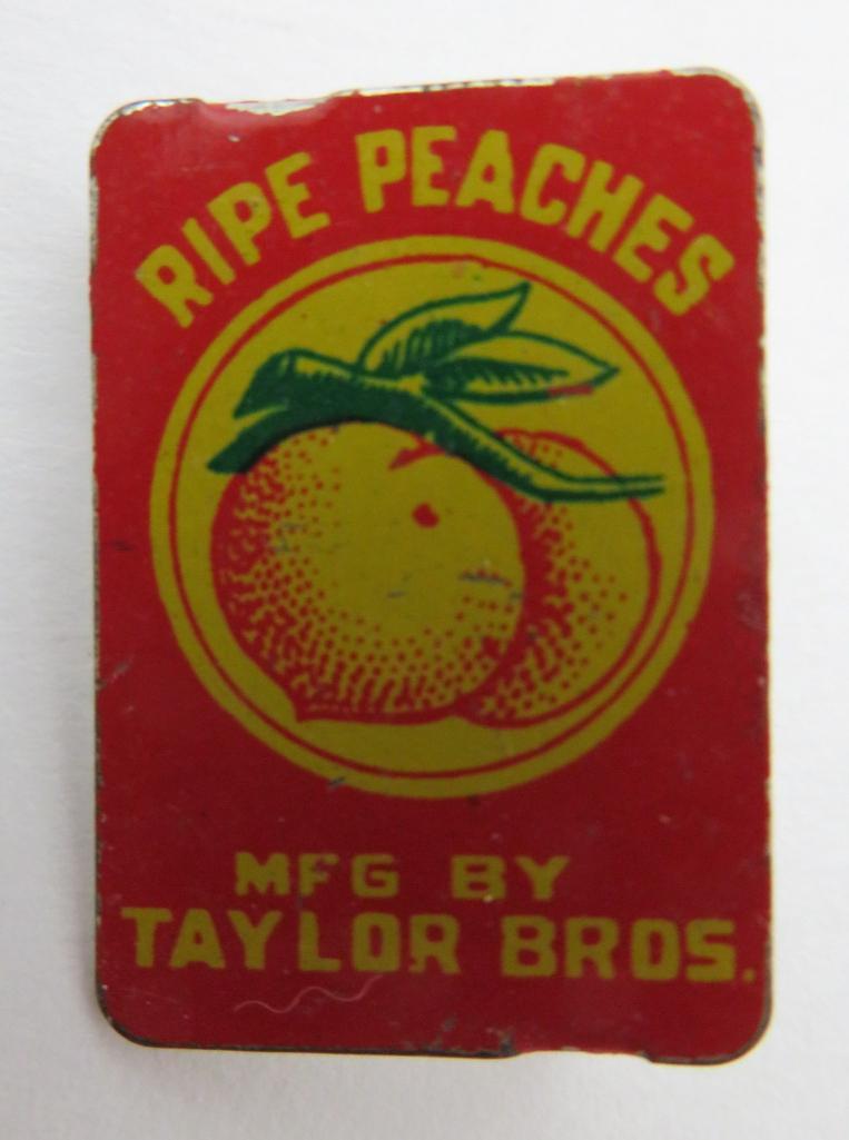 Five chewing tobacco tin tags, fruit design, 3/4" to 1 1/4"