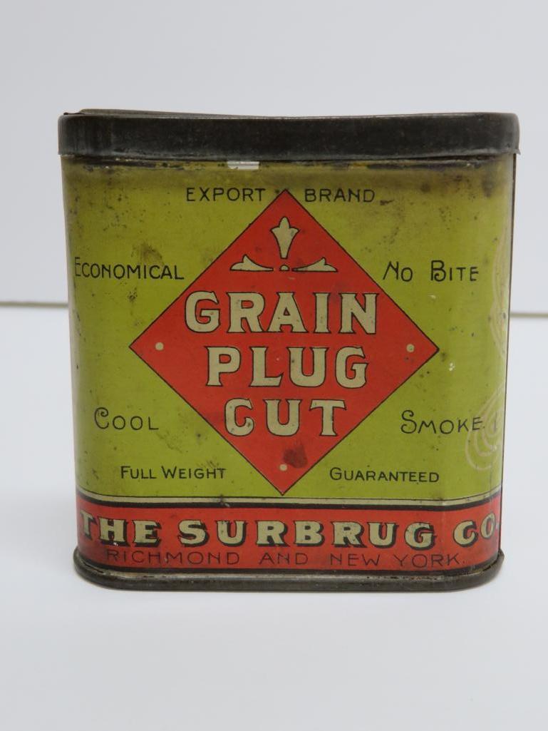 Surbrug Co Grain Plug Cut tobacco tin, pocket tin, NY, 3 1/2" x 3 1/4"
