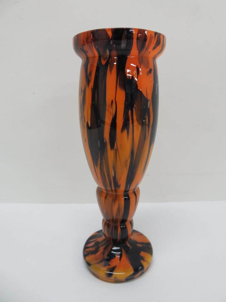 Multi glaze orange and black art glass vase, marked Czechoslavakia, 8 1/4"