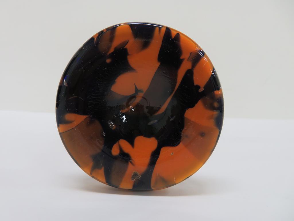 Multi glaze orange and black art glass vase, marked Czechoslavakia, 8 1/4"