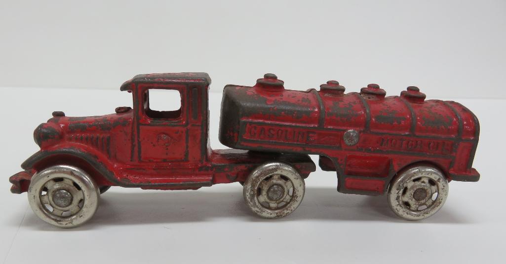 Great antique cast iron Gasoline Motor Oil Tanker truck, 7"