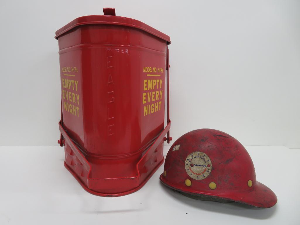 Eagle Model No N-196 gas station trash can and Mobil Oil hard hat