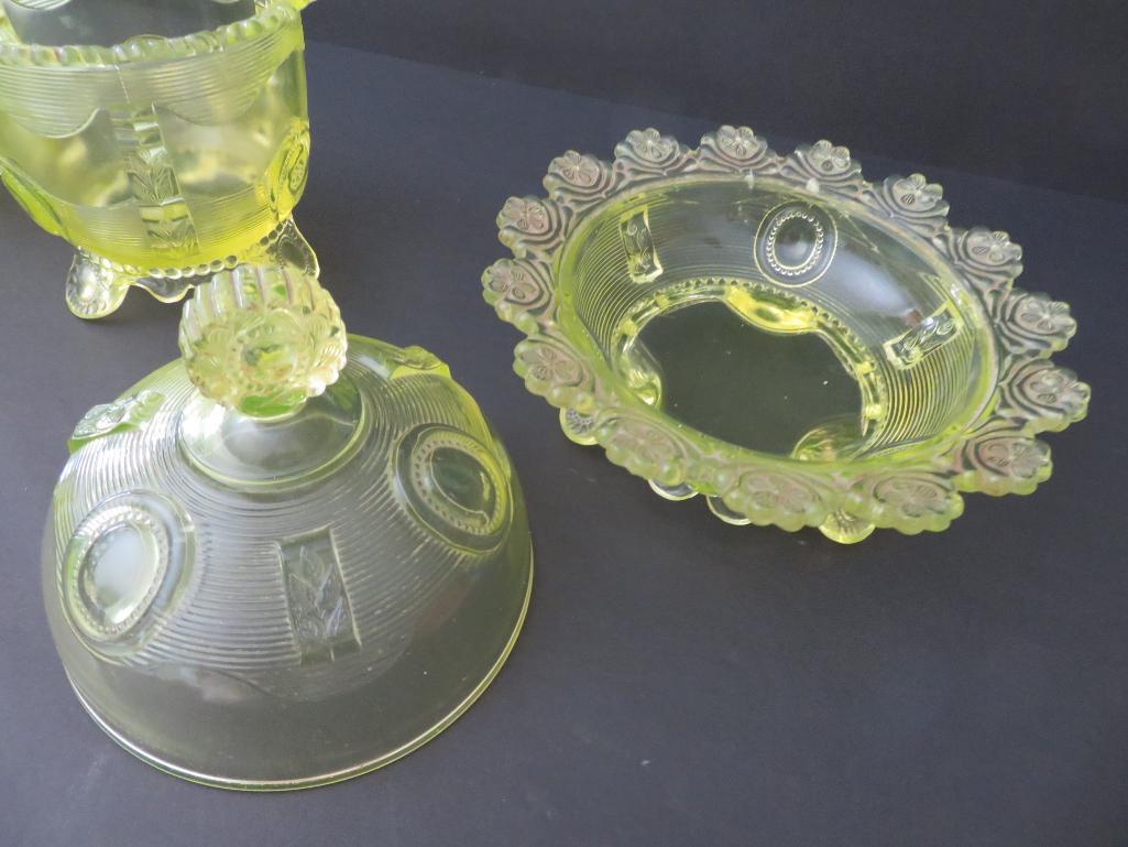 Vaseline glass table service, Dewey Pattern, cream sugar and covered butter