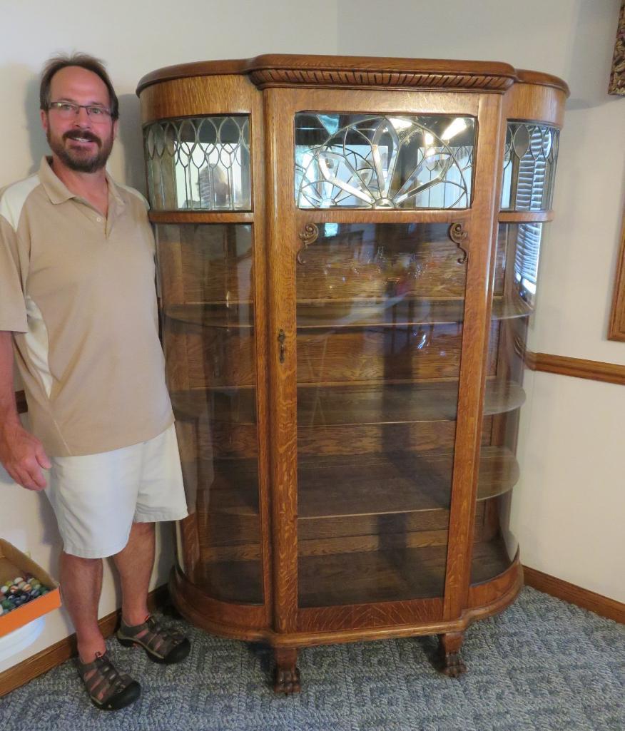 Outstanding leaded and beveled glass, clawfoot china cabinet, oak