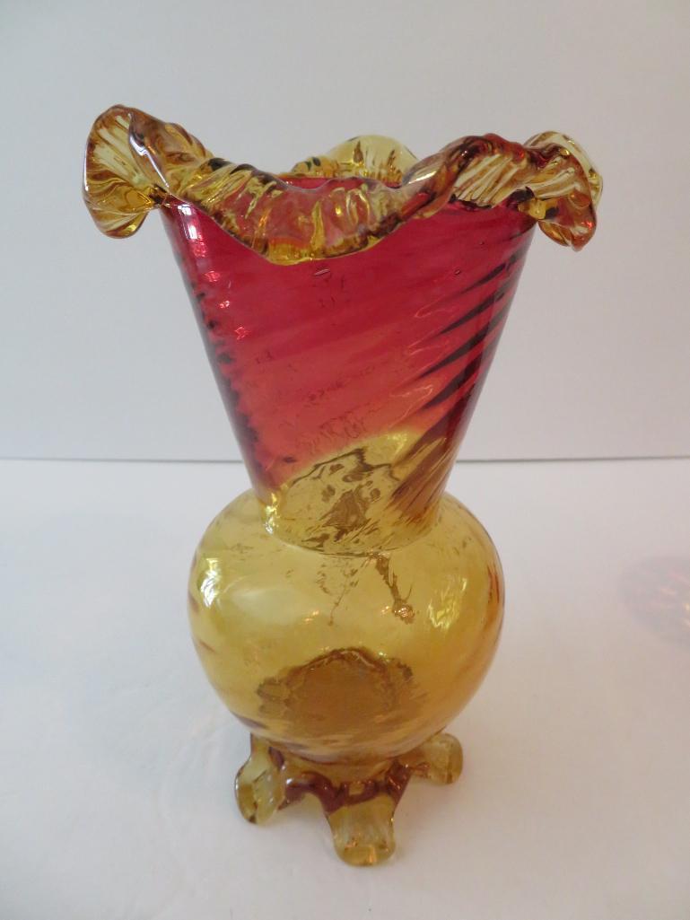 Amberina style vase and two cups