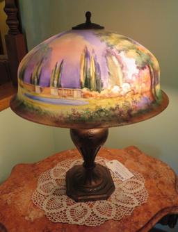 Outstanding signed H Fisher Reverse Painted Pairpoint lamp, Berkley Shade, Italian Garden Scenic