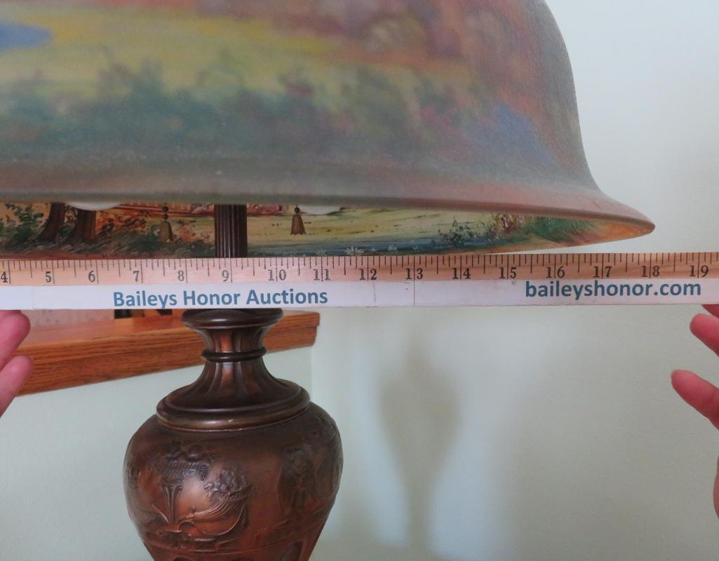 Outstanding signed H Fisher Reverse Painted Pairpoint lamp, Berkley Shade, Italian Garden Scenic