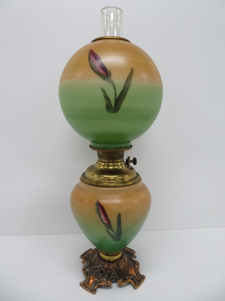 Lovely Bradley and Hubbard Iris Gone with the Wind Lamp, 24" tall, oil lamp