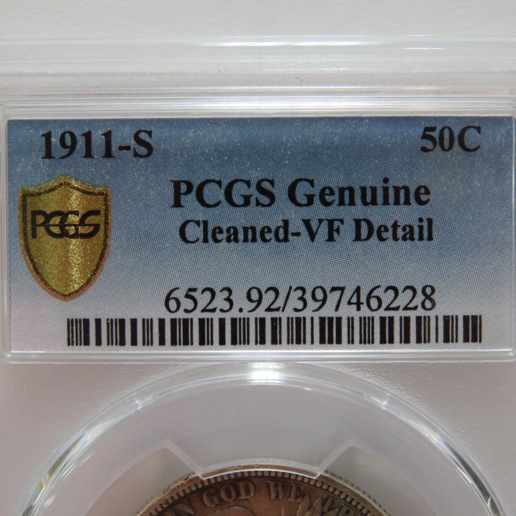 1911-S Liberty Half Dollar, PCGS cleaned VF detail