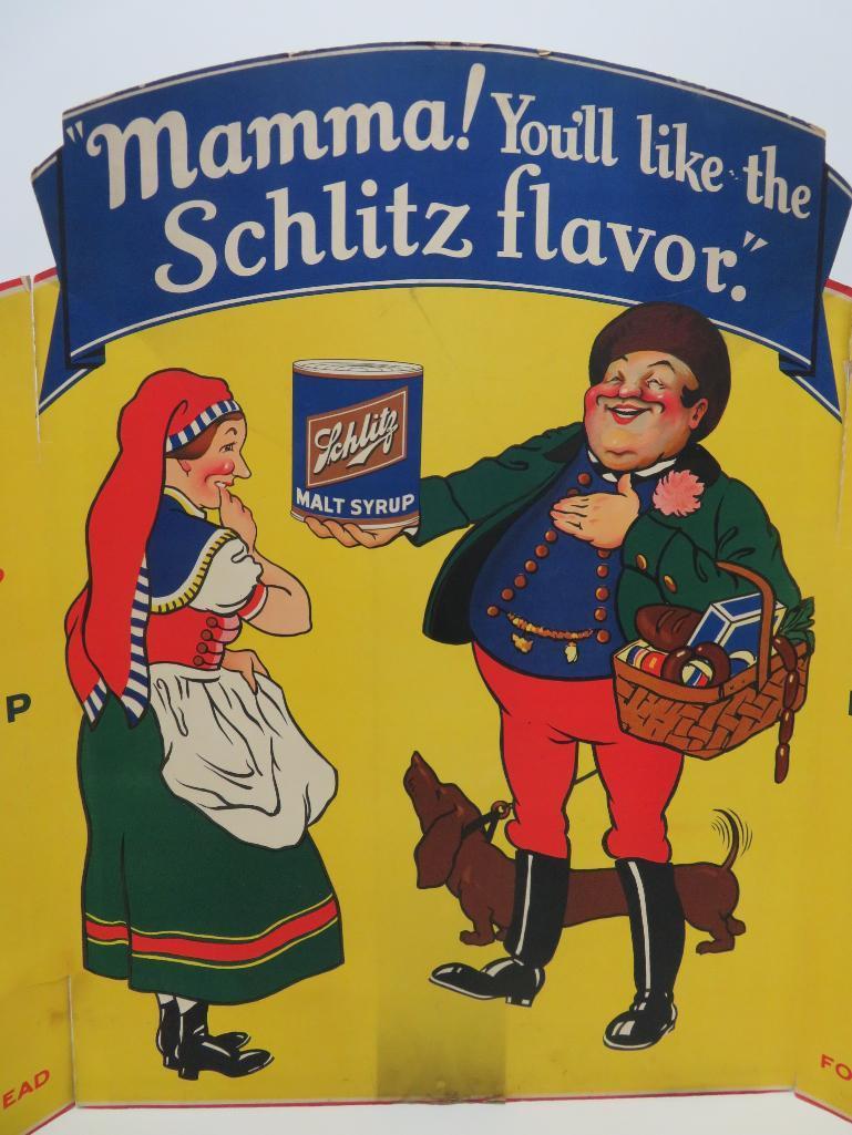 Schlitz prohibition era cardboard sign, Schlitz malt syrup, 30" x 33 3/4"