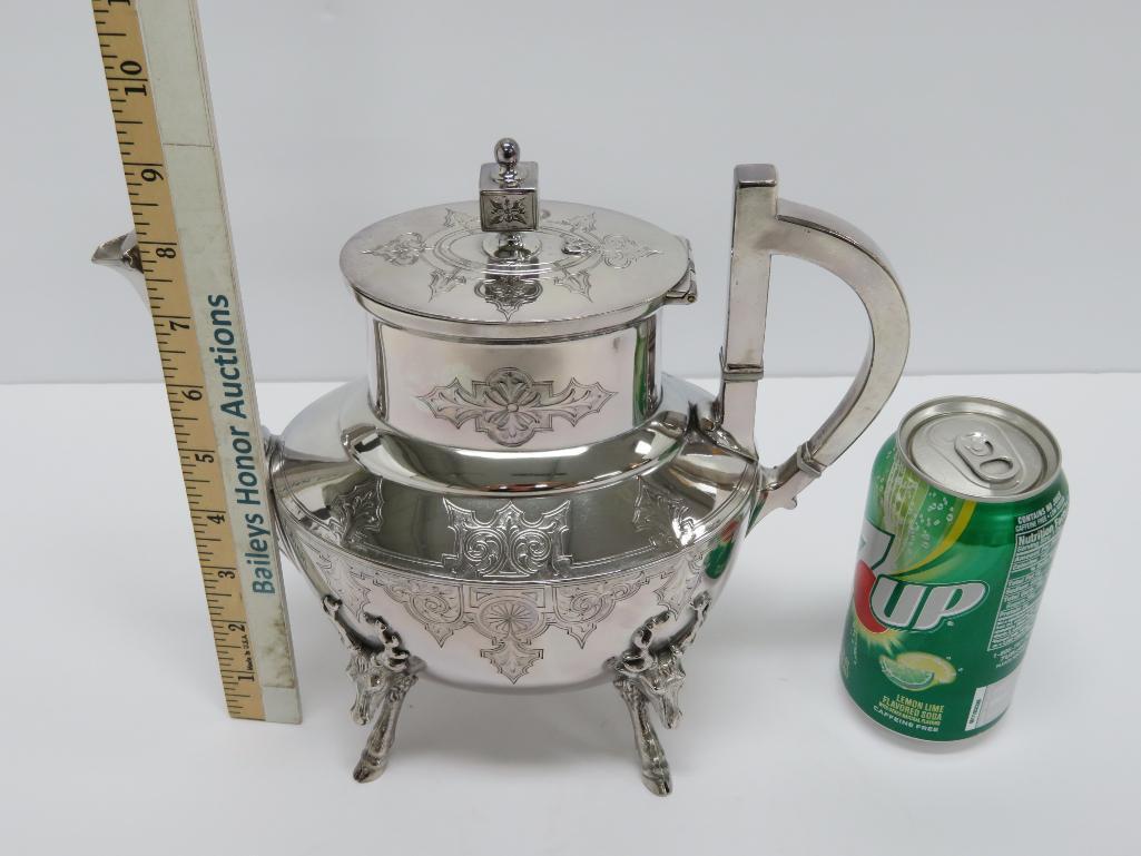 9" 1875 Meriden B Company plated coffee pot with stag heads, Gorgeous